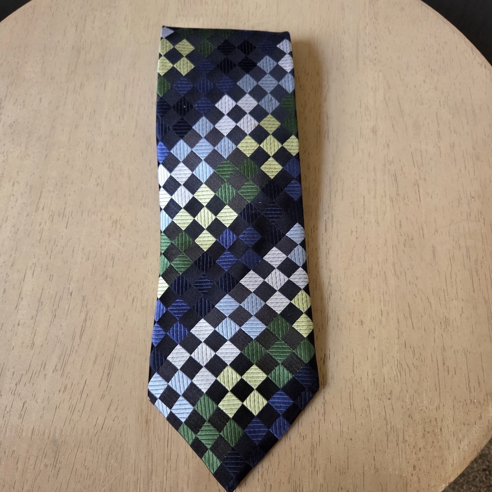 Roberto Villini Couture Men's‎ Silk Tie Blue Green Geometric 60x4 Handmade Work